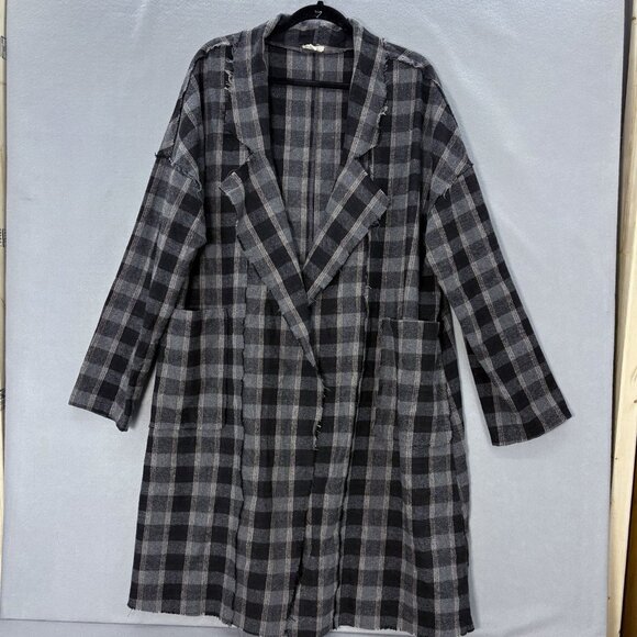 POL Plaid Hobo Duster W/ Raw Hems Heavy Flannel Feel SZ Large Boho Casual - Picture 1 of 14